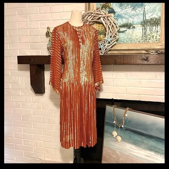 Vintage Albert Nipon, Stunning Metallic Copper Gold Pleated Dress EUC – Size 8 - Picture 5 of 15